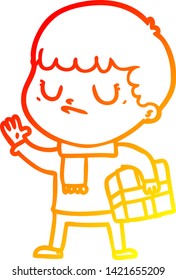 warm gradient line drawing of a cartoon grumpy boy