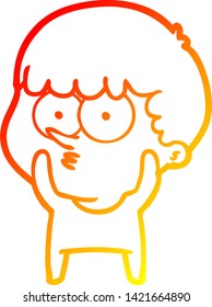 warm gradient line drawing of a cartoon curious boy