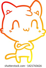 dibujo de línea de degradado cálido de un gato feliz de dibujos animados