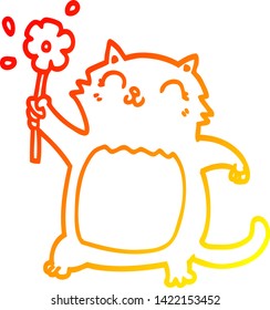 warme Farbverlauf-Linienzeichnung einer Cartoon-Katze mit Blume