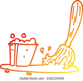warm gradient line drawing of a cartoon bucket and mop