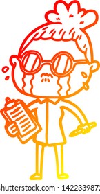 warm gradient line drawing of a cartoon crying woman wearing spectacles
