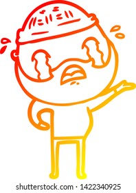 dibujo de línea de gradiente cálido de un hombre barbudo de dibujos animados llorando