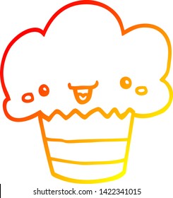 warme Farbverlauf-Linie Zeichnung eines Cartoon Cupcake mit Gesicht