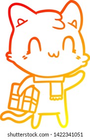 warm gradient line drawing of a cartoon happy cat wearing scarf