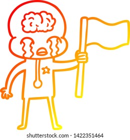 warm gradient line drawing of a cartoon crying big brain alien waving a flag
