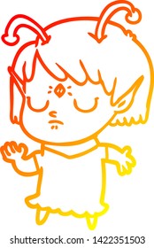 warm gradient line drawing of a cartoon alien girl