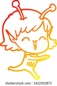 warm gradient line drawing of a cartoon alien girl laughing