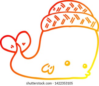 dibujo de línea de gradiente cálido de una ballena de dibujos animados con sombrero