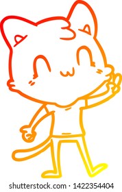 warm gradient line drawing of a cartoon happy cat giving peace sign