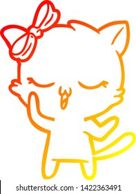 warm gradient line drawing of a cartoon cat with bow on head