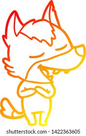 dibujo de línea de gradiente cálido de un lobo de dibujos animados riéndose