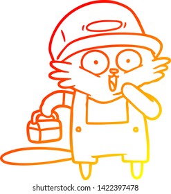 warme Farbverlauf-Linienzeichnung eines Cartoon-Katzenbauers zum Mittagessen