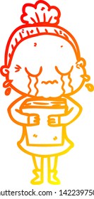 warm gradient line drawing of a cartoon crying old lady