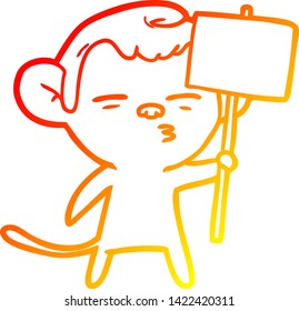 warm gradient line drawing of a cartoon suspicious monkey with signpost