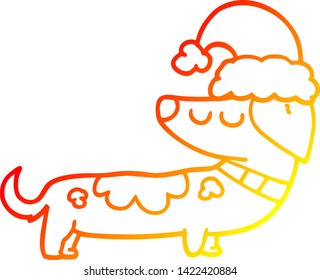 warm gradient line drawing of a cartoon dog wearing christmas hat