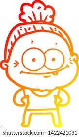 warm gradient line drawing of a cartoon happy old woman