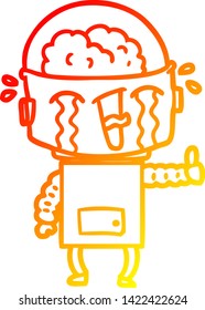 warm gradient line drawing of a cartoon crying robot making gesture