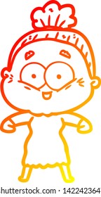 warm gradient line drawing of a cartoon happy old woman