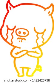 warm gradient line drawing of a cartoon pig crying