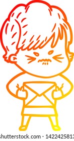 dibujo de línea de gradiente cálido de una mujer frustrada con dibujos animados