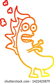 dibujo de línea de degradado cálido de un hotdog que llama dibujos animados