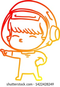 warm gradient line drawing of a cartoon curious astronaut pointing