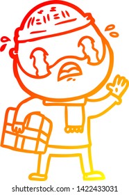 dibujo de línea de degradado cálido de un hombre barbudo de dibujos animados llorando con navidad presente