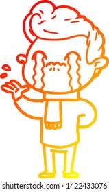 dibujo de línea de degradado cálido de un hombre de dibujos animados llorando