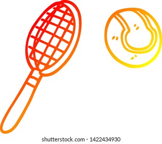 dibujo de líneas de gradiente cálido de una raqueta de tenis de dibujos animados y una pelota