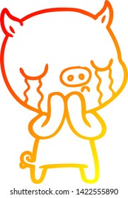 warm gradient line drawing of a cartoon pig crying