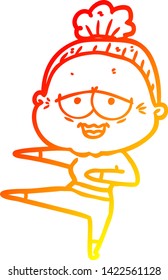 warme Farbverlauf-Linie Zeichnung einer Cartoon glückliche alte Dame