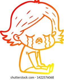 warm gradient line drawing of a cartoon girl crying sat on floor