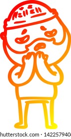 warm gradient line drawing of a cartoon worried man with beard