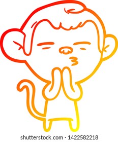 warm gradient line drawing of a cartoon suspicious monkey