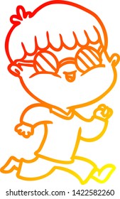warm gradient line drawing of a cartoon boy wearing sunglasses and running