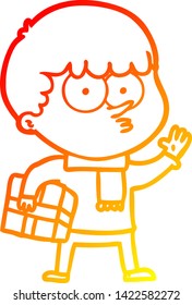 desenho de linha gradiente quente de um menino curioso de desenho animado carregando um presente
