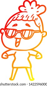 warm gradient line drawing of a cartoon happy woman wearing spectacles