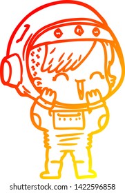 dibujo de línea de gradiente cálido de una caricatura que se ríe de una astronauta