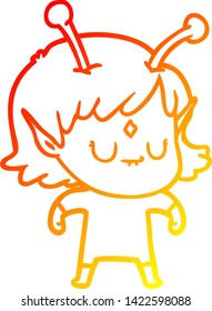 warm gradient line drawing of a cartoon alien girl