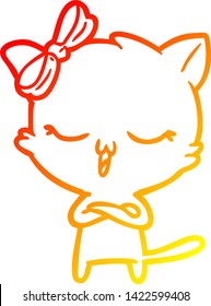 warm gradient line drawing of a cartoon cat with bow on head