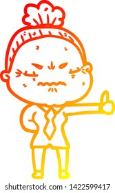 warm gradient line drawing of a cartoon annoyed old lady