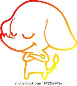 warm gradient line drawing of a cartoon smiling elephant with crossed arms