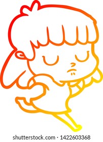 warm gradient line drawing of a cartoon indifferent woman running