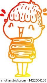 warm gradient line drawing of a cartoon happy boy surprised