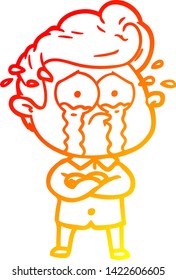 warm gradient line drawing of a cartoon crying man with crossed arms