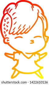 warm gradient line drawing of a cartoon squinting girl