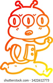 warm gradient line drawing of a cartoon three eyed alien