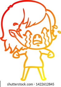 warm gradient line drawing of a cartoon crying vampire girl