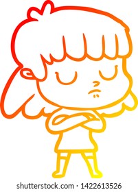 warm gradient line drawing of a cartoon indifferent woman